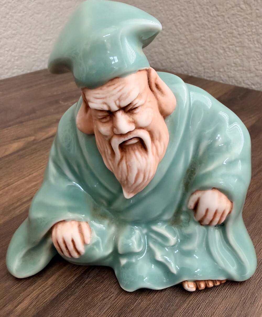 Vintage Celadon Glazed Ceramic Wise Old Man Figurine